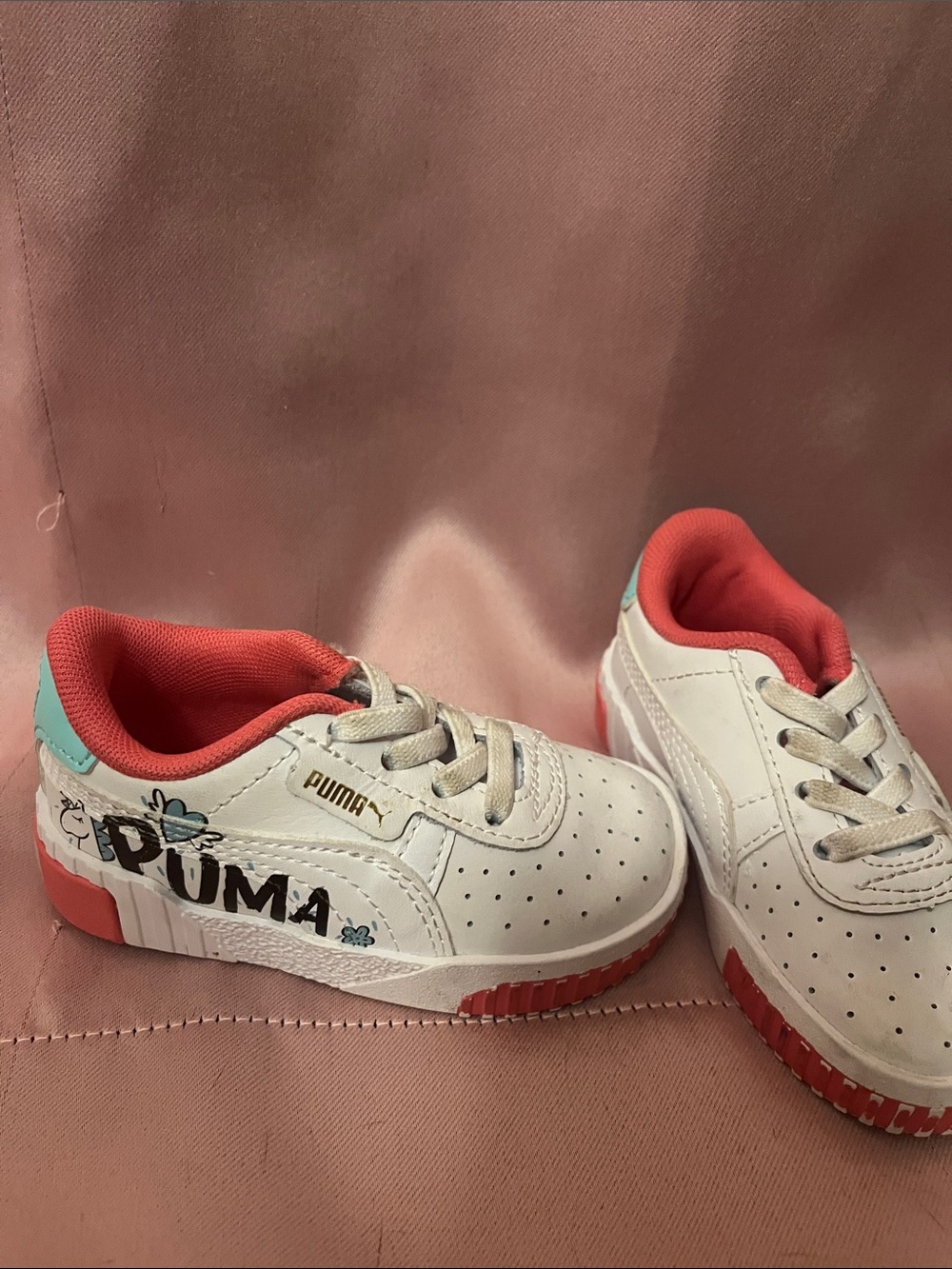 Puma White Sneakers with Coral Pink Lining & Teal Heel Accent